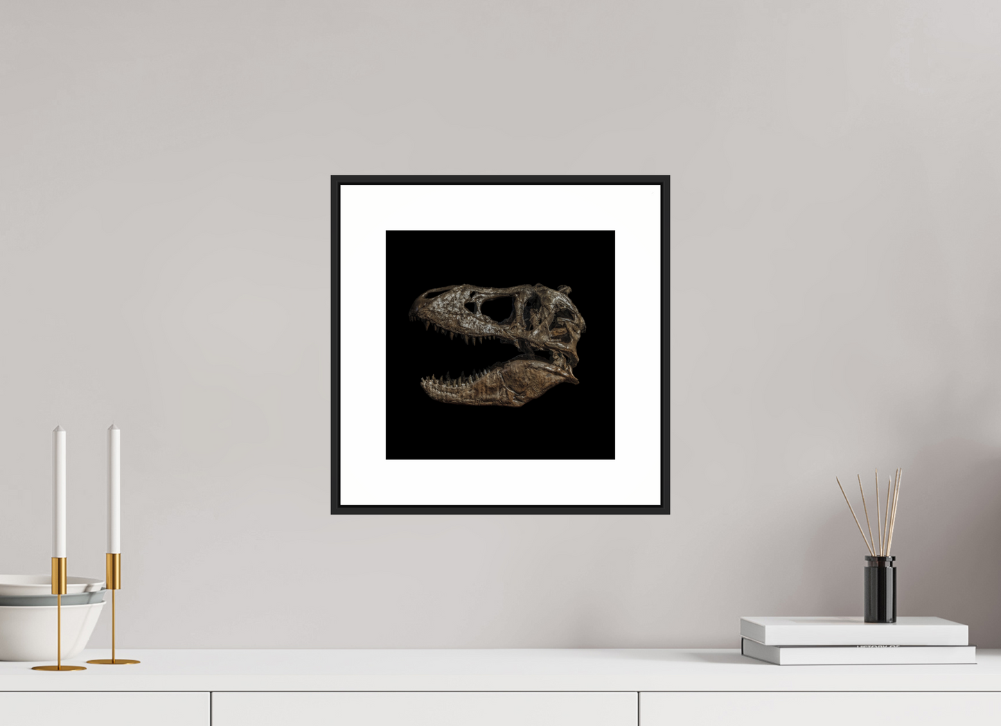 10 x 10″, Black Matte Frame T-Rex Skull