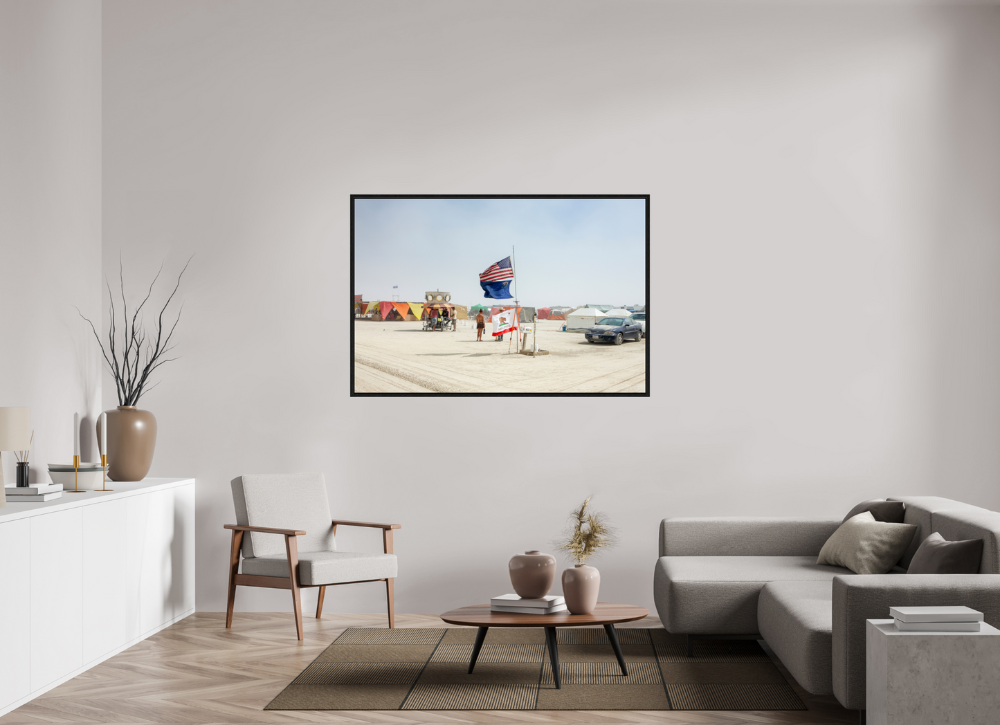 60 x 40″, Floater Frame Burning Man - Two Flags