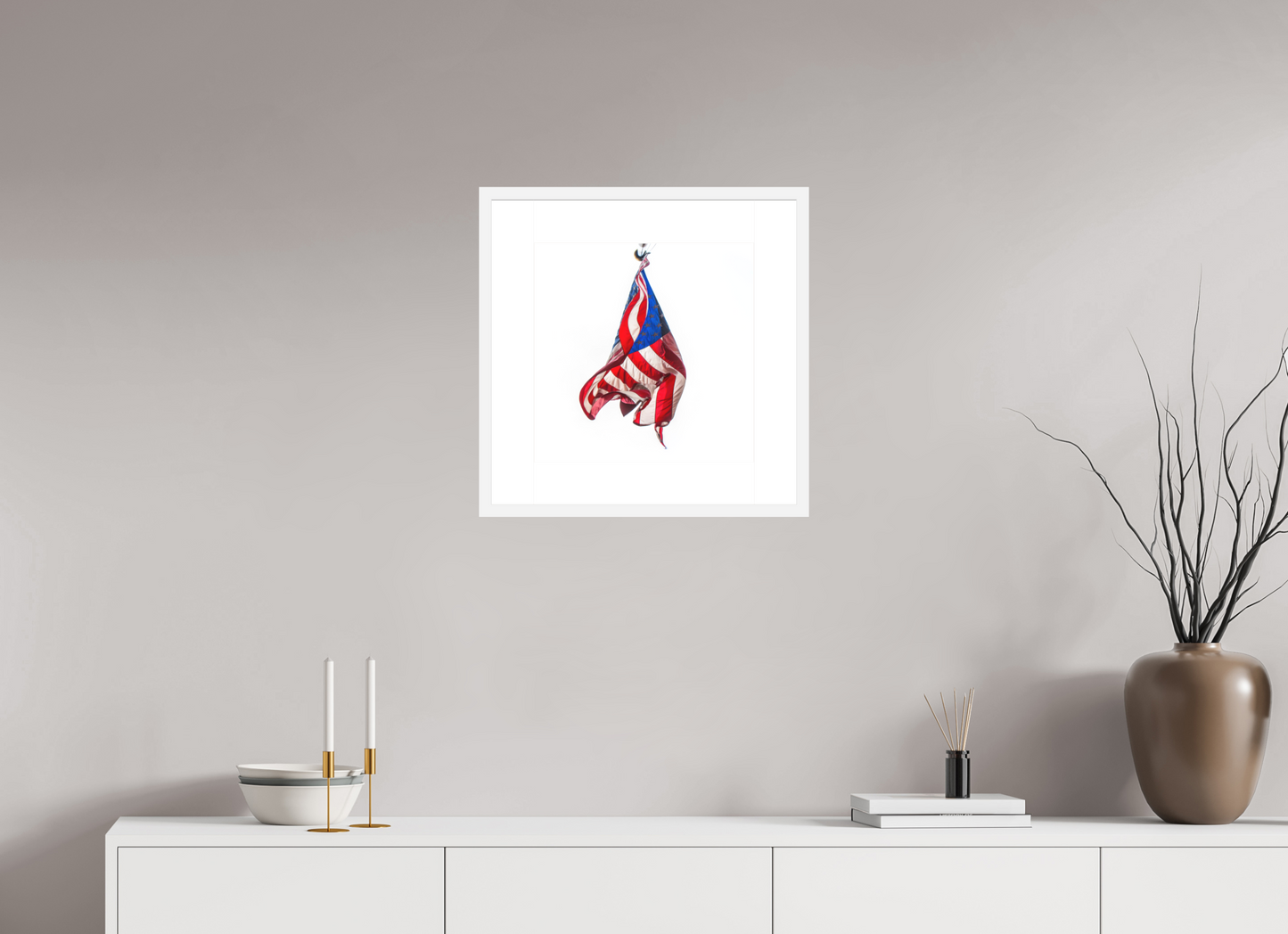 15 x 15″, Solid 0.8" White Wood Frame With 3" Natural White Passe-Partout with Museum Glass Crumpled USA Flag