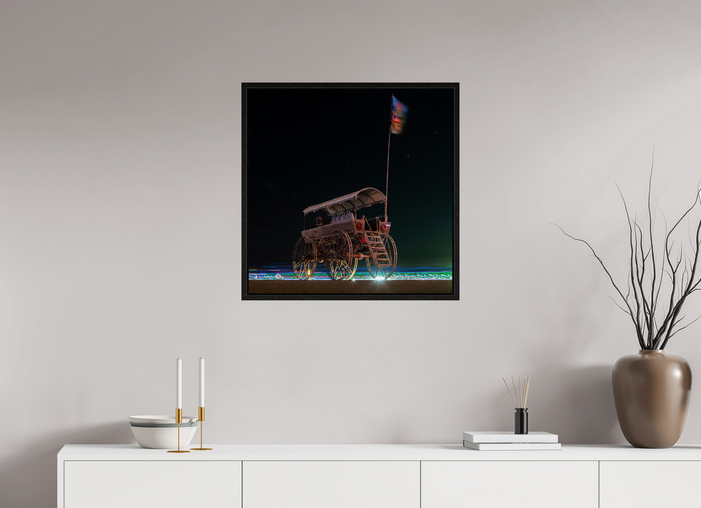 25 x 25″, Floater Frame Burning Man - Art Car with Flag