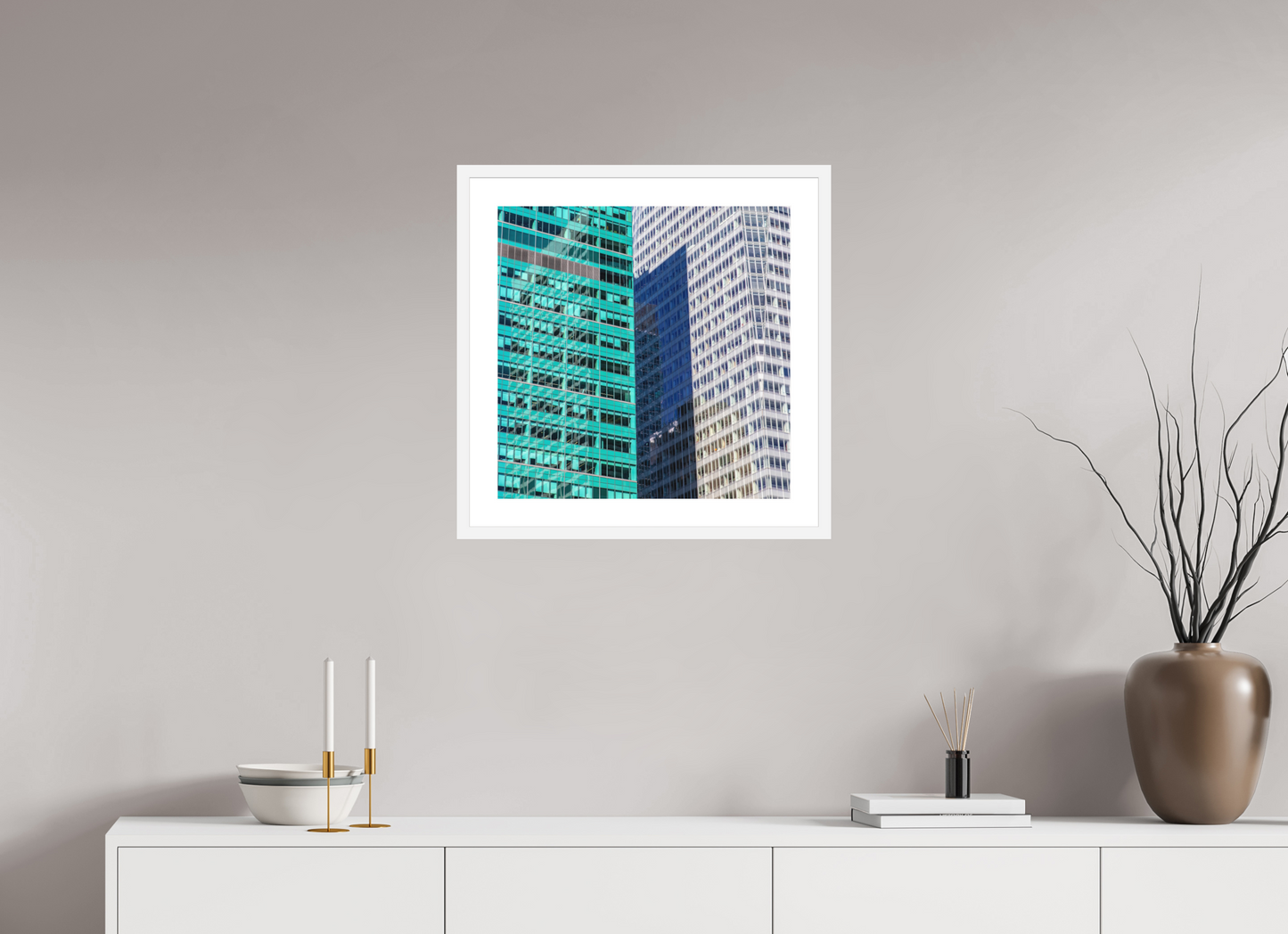 20 x 20″, Solid 0.8" White Wood Frame With 2" Natural White Passe-Partout with Museum Glass Green and White Office Buildings