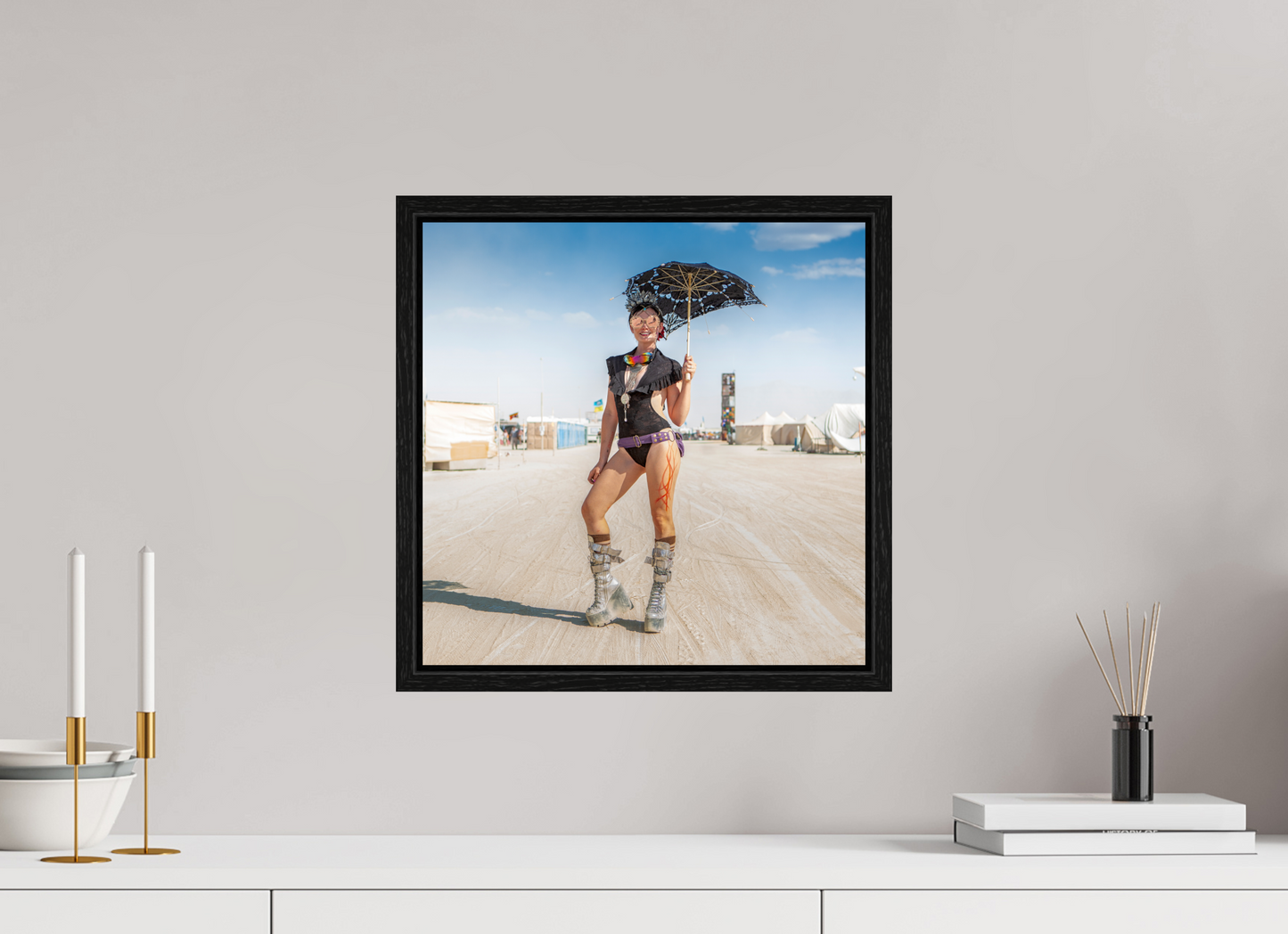 15 x 15″, Floater Frame Burning Man - Attendee with Parasol