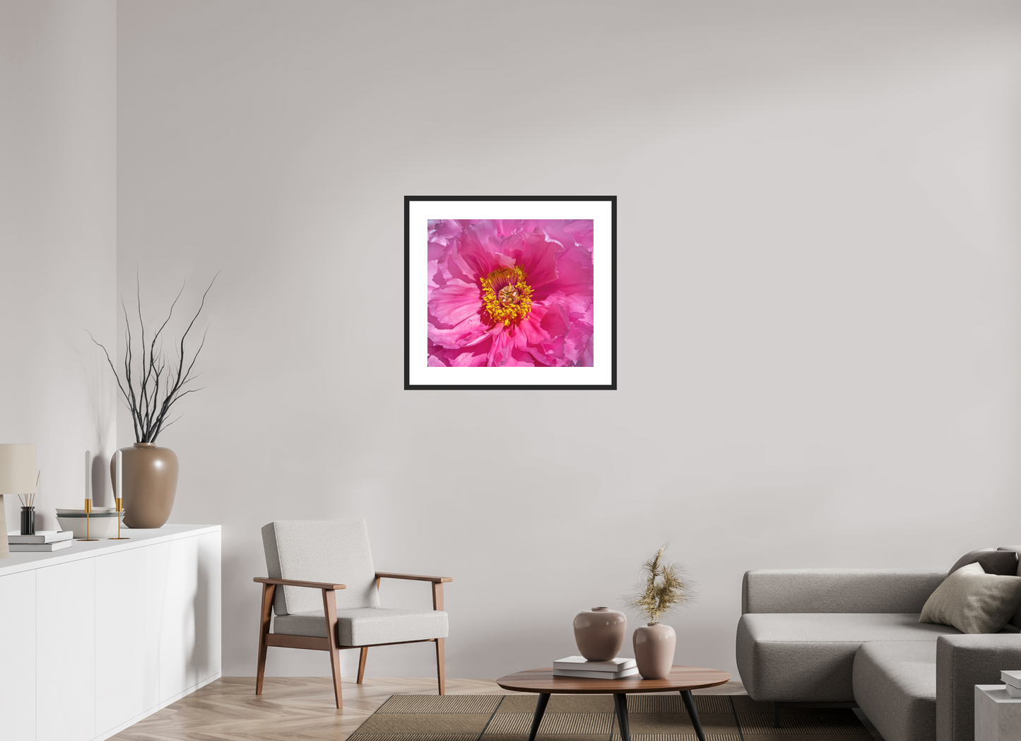 27 x 24″, Solid 0.8" Black Wood Frame With 3" Natural White Passe-Partout with Museum Glass Pink Flower