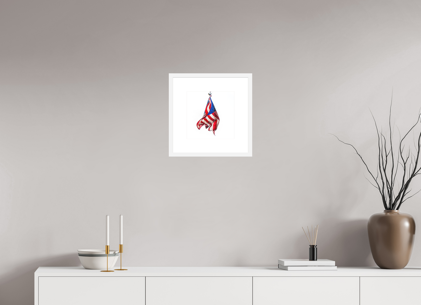 10 x 10″, Solid 0.8" White Wood Frame With 3" Natural White Passe-Partout with Museum Glass Crumpled USA Flag