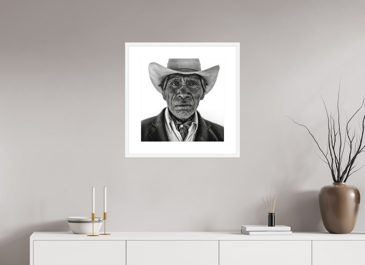 20 x 20″, Solid 0.8" White Wood Frame With 3" Natural White Passe-Partout with Museum Glass Tarahumara Cowboy
