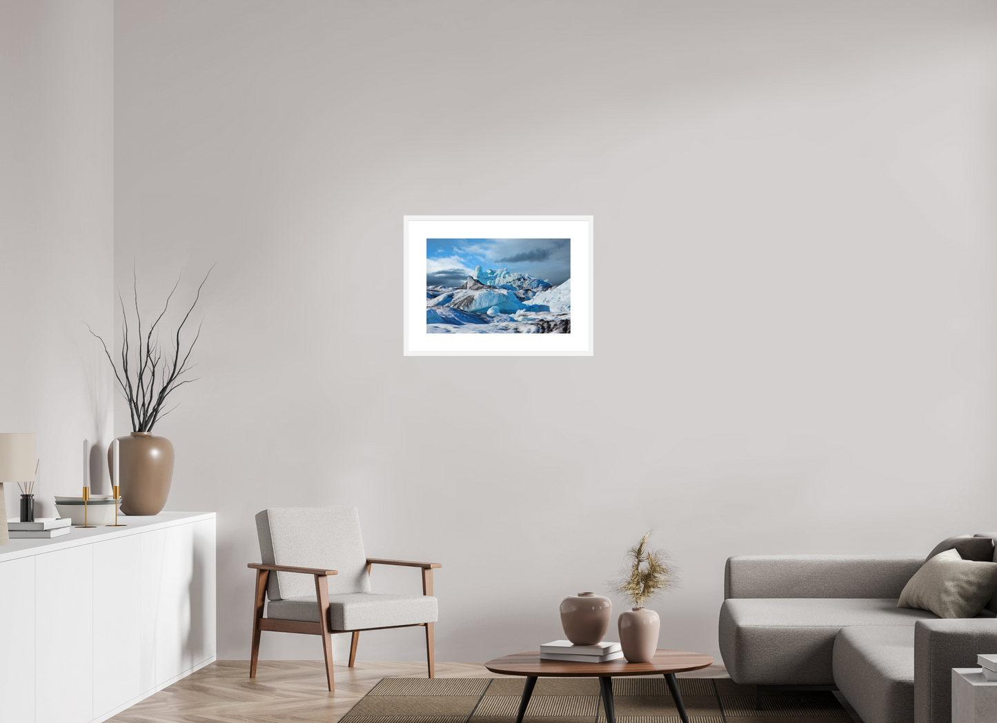 24 x 16″, Solid 0.8" White Wood Frame With 3" Natural White Passe-Partout with Museum Glass Iceland Icebergs