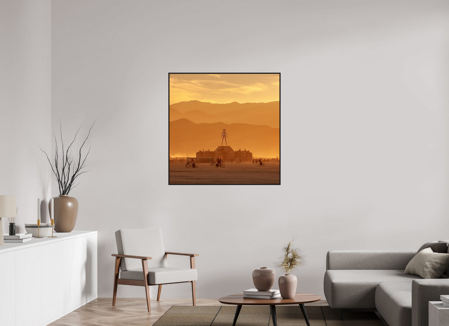 40 x 40″, Black Matte Frame, No Border Burning Man with Mountains