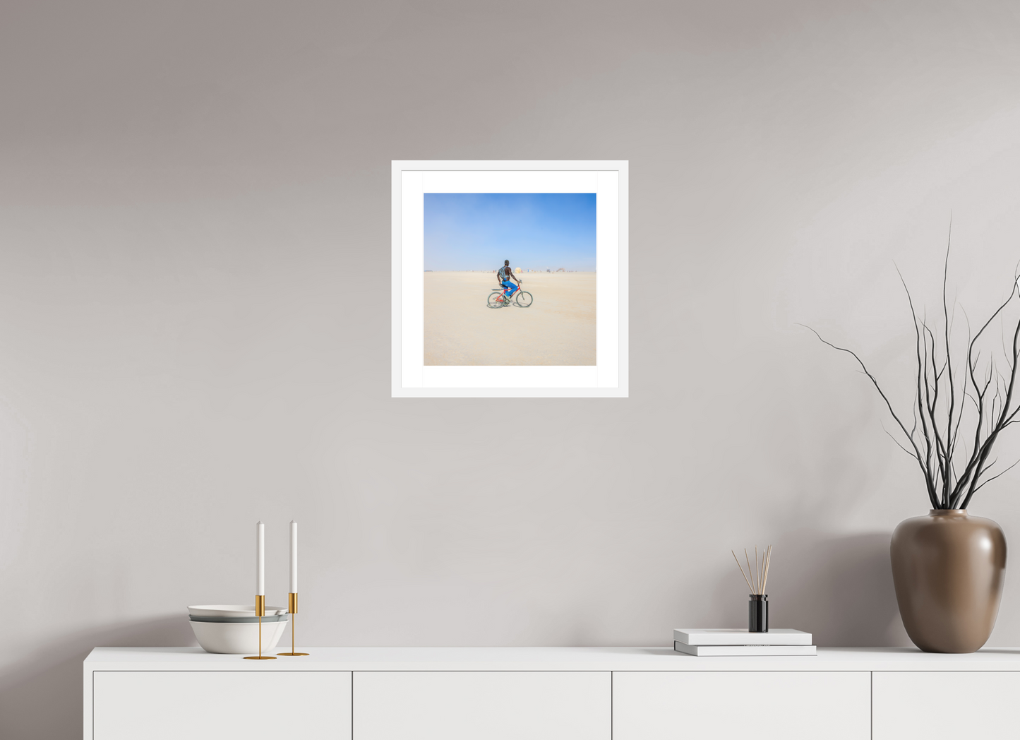 15 x 15″, Solid 0.8" White Wood Frame With 2" Natural White Passe-Partout with Museum Glass Burning Man - Man on Red Bike