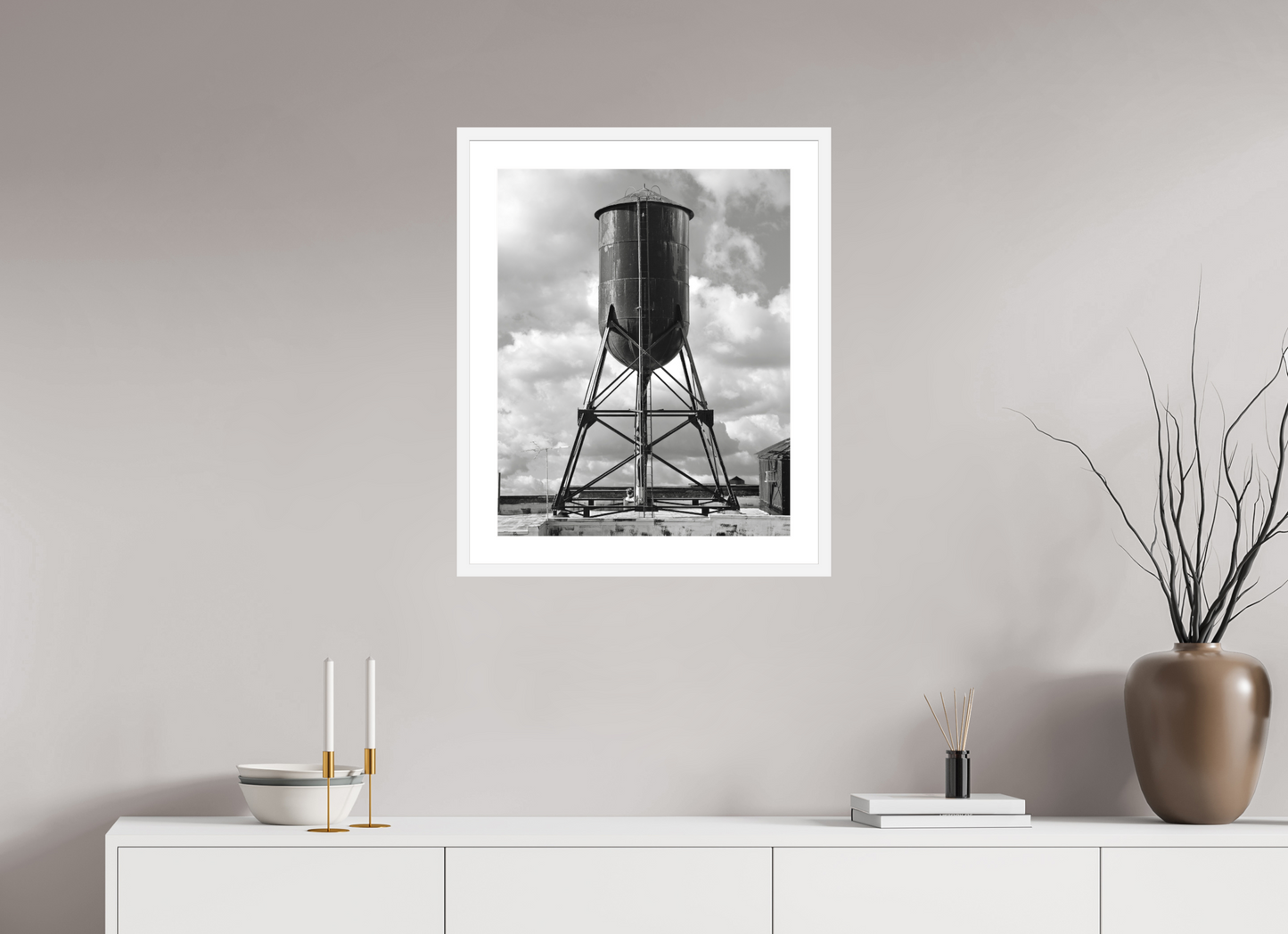 20 x 25″, Solid 0.8" White Wood Frame With 2" Natural White Passe-Partout with Museum Glass Black Water Tower