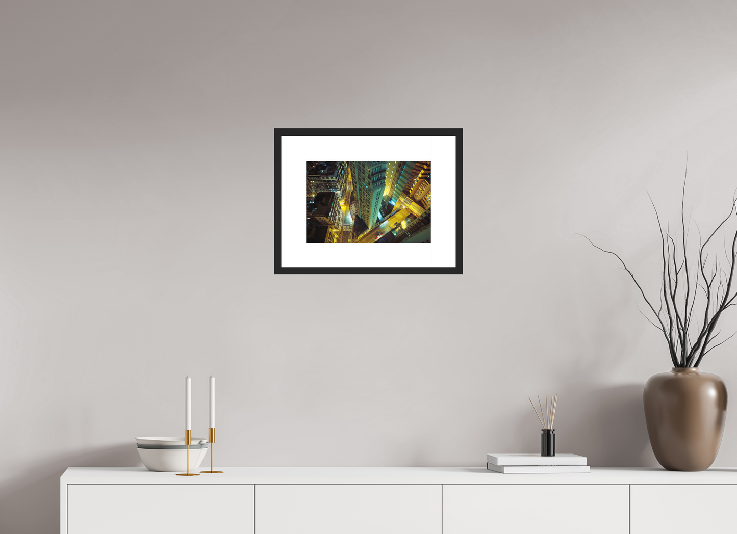 15 x 10″, Solid 0.8" Black Wood Frame With 3" Natural White Passe-Partout with Museum Glass Downtown Hong Kong