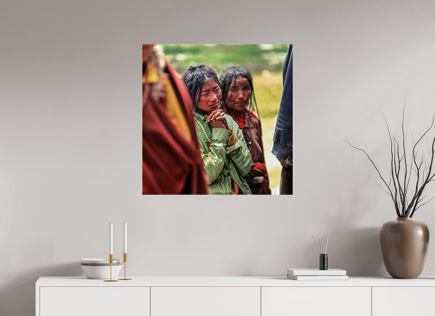 30 x 30″, Frameless Acrylic Glass Tibetan Girl in Green Jacket