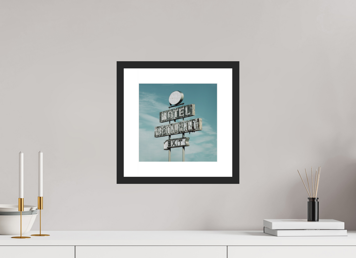 10 x 10″, Solid 0.8" Black Wood Frame With 2" Natural White Passe-Partout with Museum Glass Motel Restaurant Exit Sign