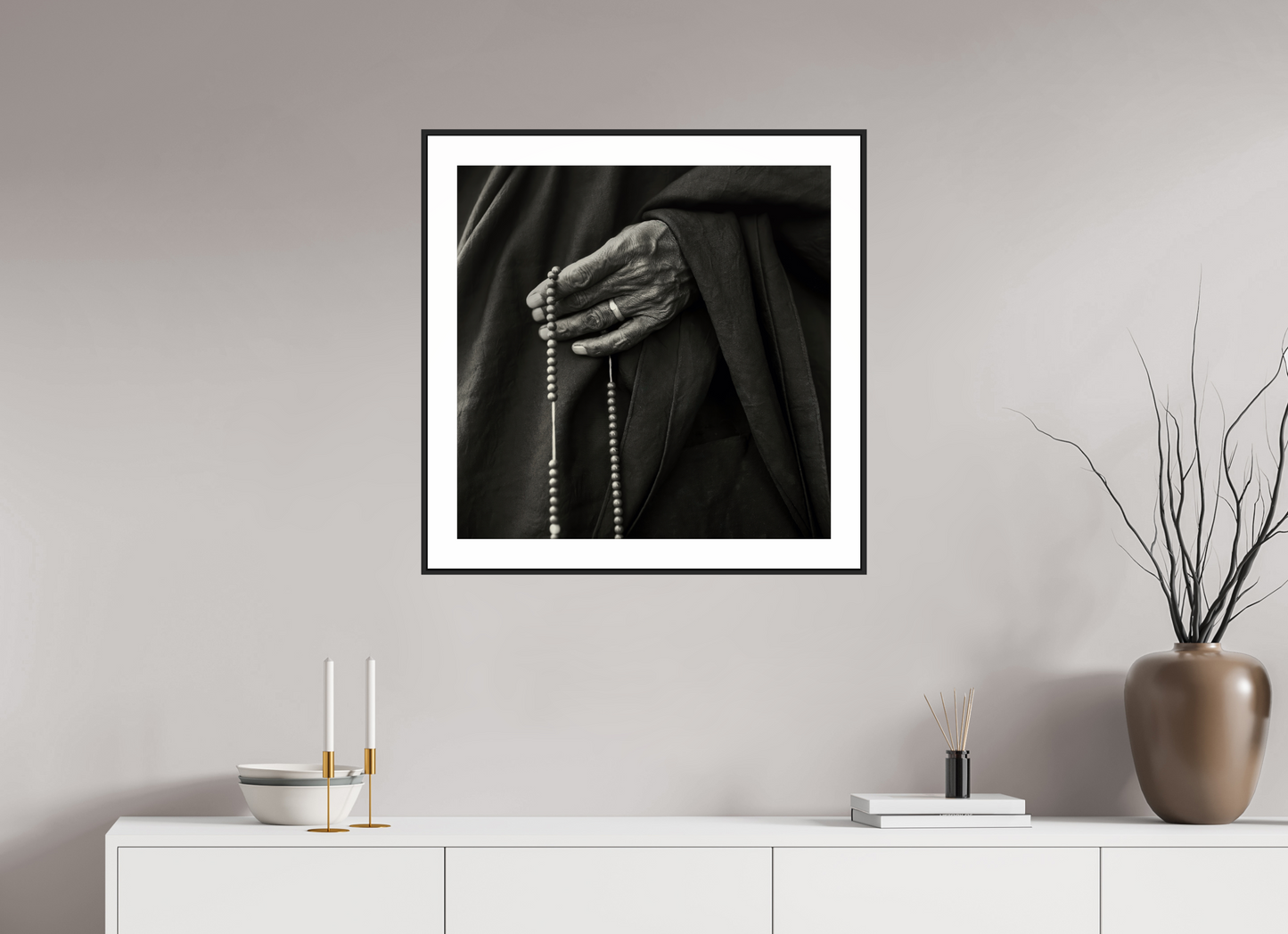 25 x 25″, Black Matte Frame Tibetan Monk Hand with Prayer Beads