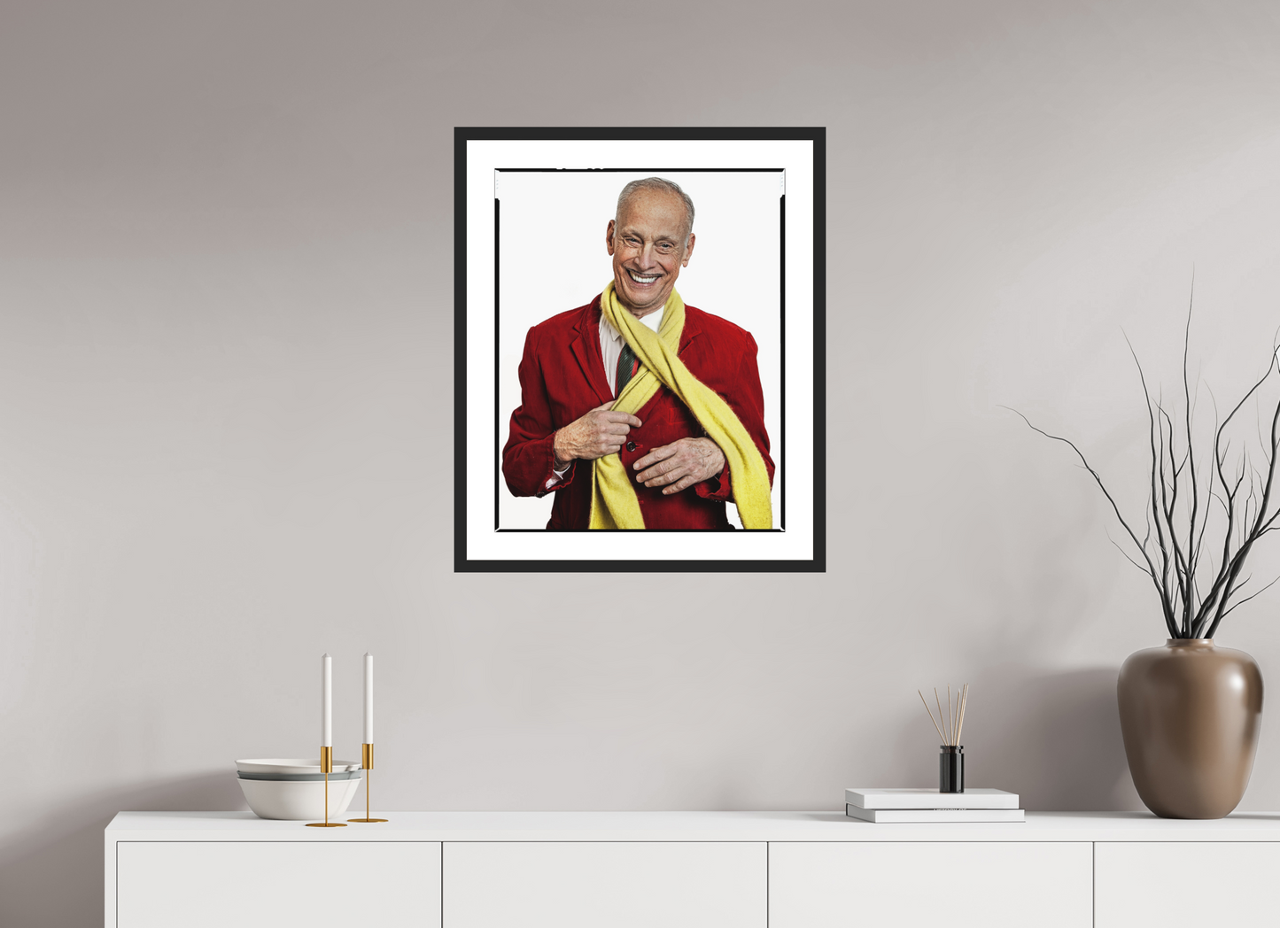 20 x 25″, Solid 0.8" Black Wood Frame With 2" Natural White Passe-Partout with Museum Glass Director John Waters in Red Jacket