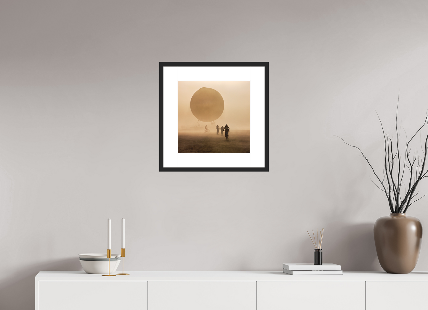 15 x 15″, Solid 0.8" Black Wood Frame With 3" Natural White Passe-Partout with Museum Glass Burning Man - Weather Balloon and Bikers (square format)