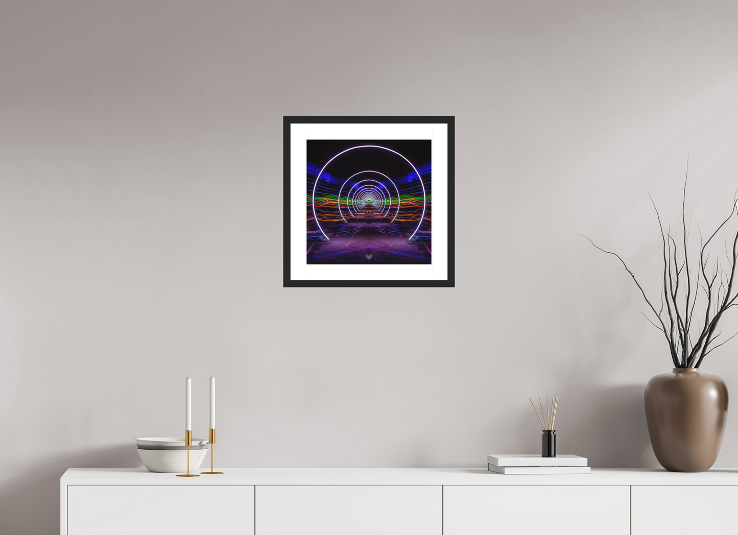 15 x 15″, Solid 0.8" Black Wood Frame With 2" Natural White Passe-Partout with Museum Glass Burning Man - Concentric Circles of Light