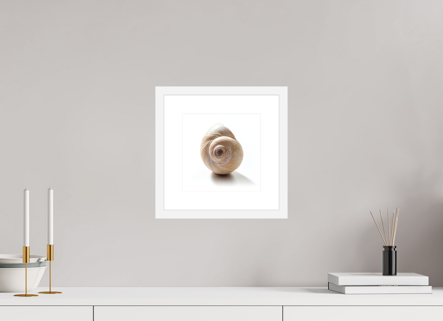 8 x 8″, Solid 0.8" White Wood Frame With 2" Natural White Passe-Partout with Museum Glass Large Sea Shell