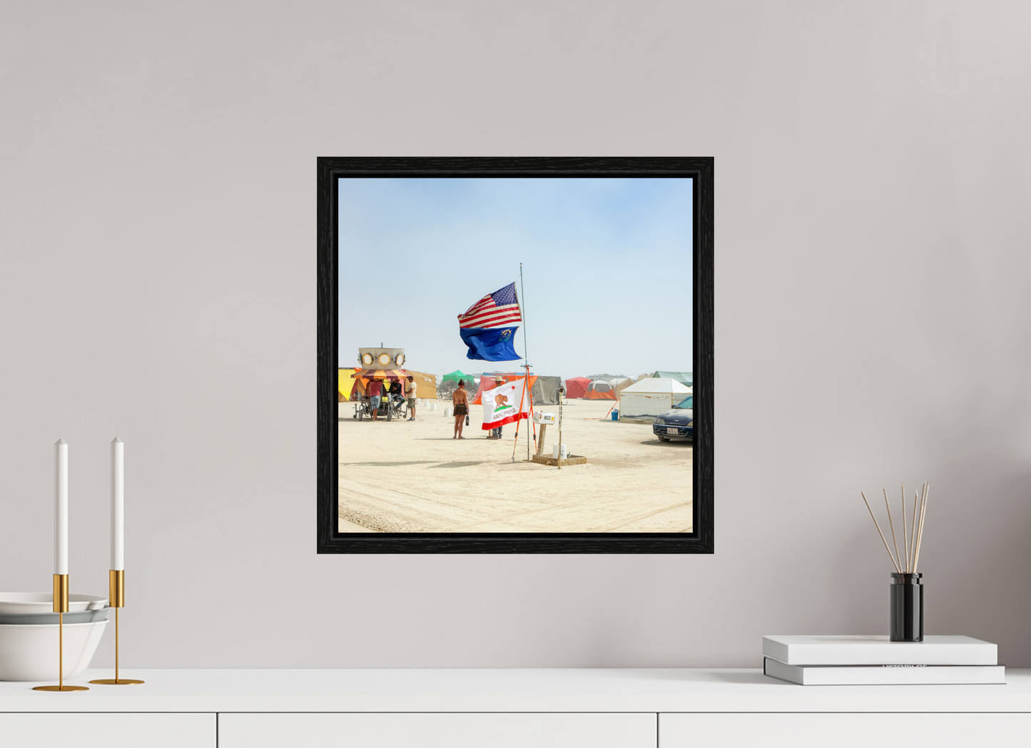 15 x 15″, Floater Frame Burning Man - Woman with Flags