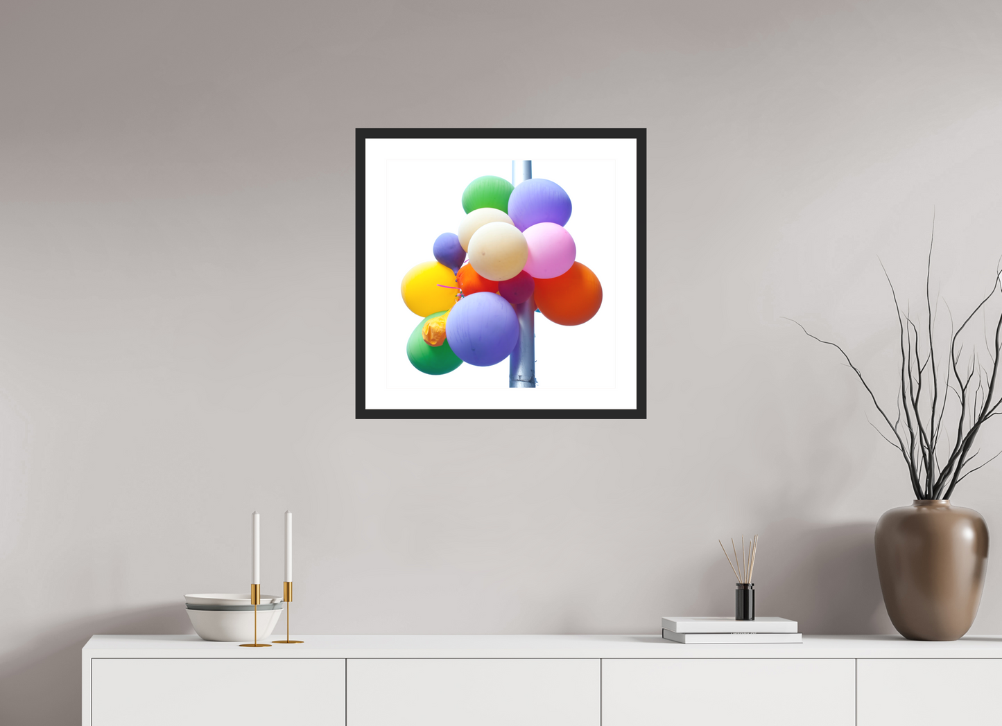 20 x 20″, Solid 0.8" Black Wood Frame With 2" Natural White Passe-Partout with Museum Glass Colorful Ballons Tied to a Lamp Post
