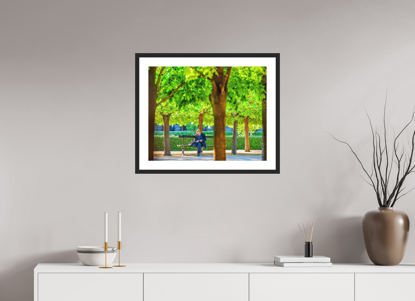 25 x 20″, Solid 0.8" Black Wood Frame With 2" Natural White Passe-Partout with Museum Glass Man Reading in Palais-Royal Garden
