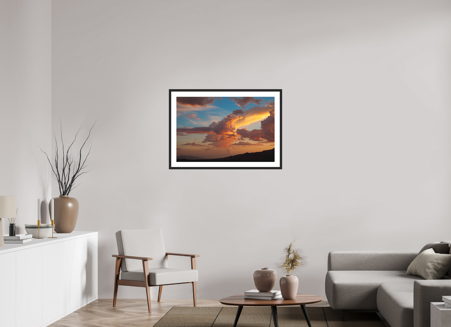 36 x 24″, Solid 0.8" Black Wood Frame With 2" Natural White Passe-Partout with Museum Glass Sunset Clouds and Mountains