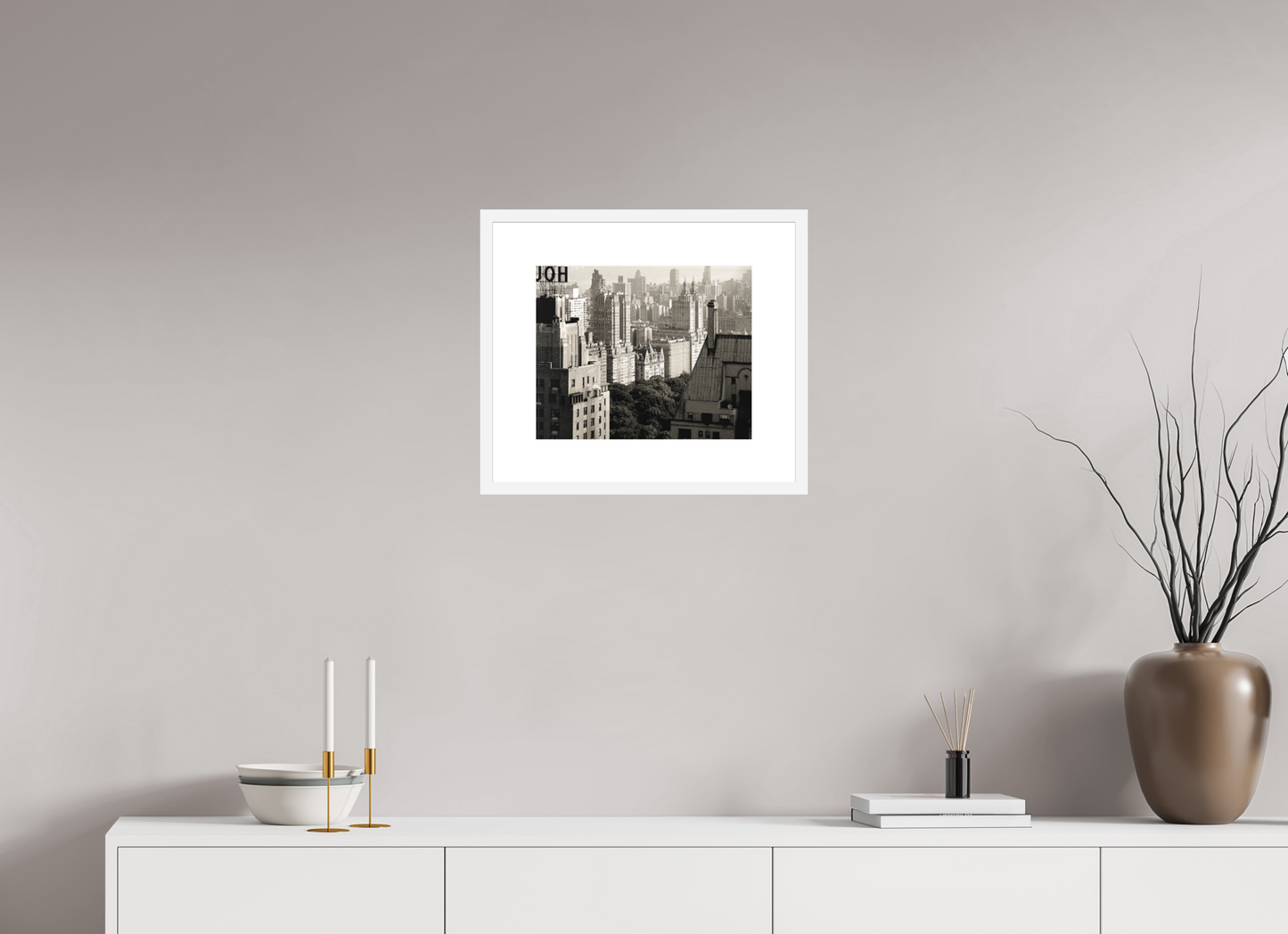 14.8 x 12″, Solid 0.8" White Wood Frame With 3" Natural White Passe-Partout with Museum Glass The Dakota