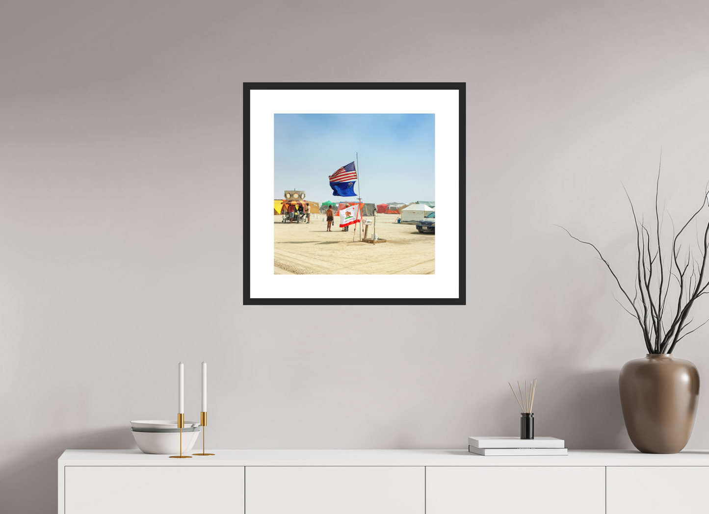 20 x 20″, Solid 0.8" Black Wood Frame With 3" Natural White Passe-Partout with Museum Glass Burning Man - Woman with Flags (square format)