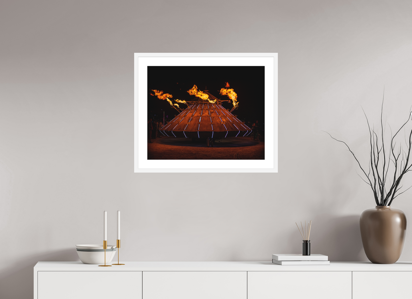 25 x 20″, Solid 0.8" White Wood Frame With 2" Natural White Passe-Partout with Museum Glass Burning Man - Da Vinci Tank with Flames