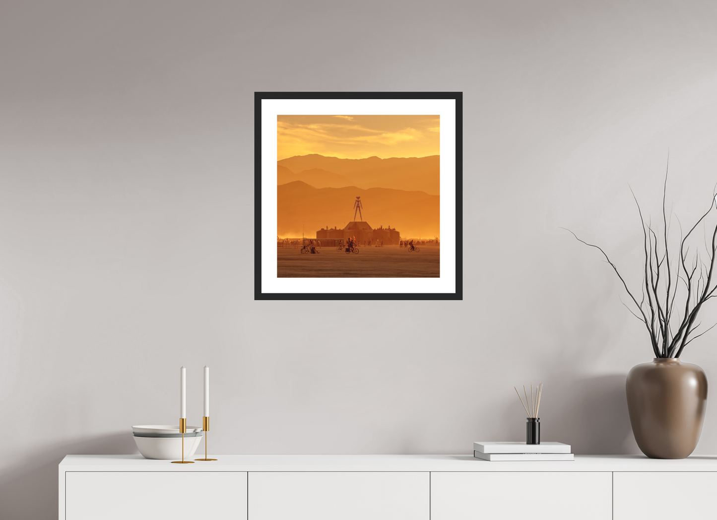 20 x 20″, Solid 0.8" Black Wood Frame With 2" Natural White Passe-Partout with Museum Glass Burning Man with Mountains