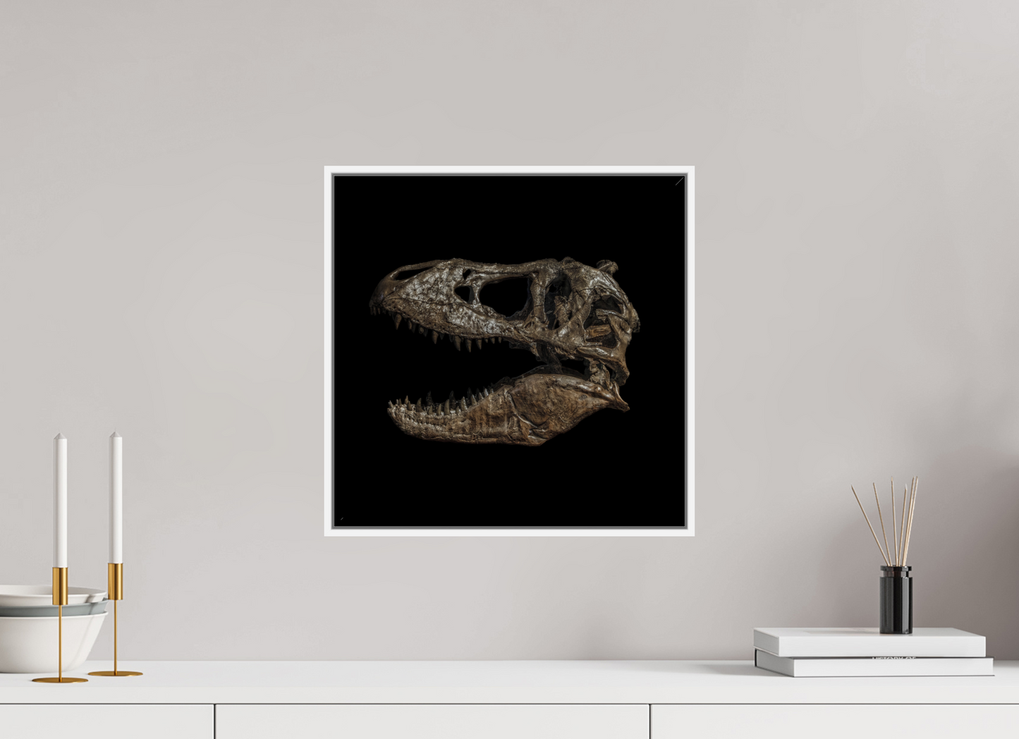 15 x 15″, White Matte Frame, No Border T-Rex Skull