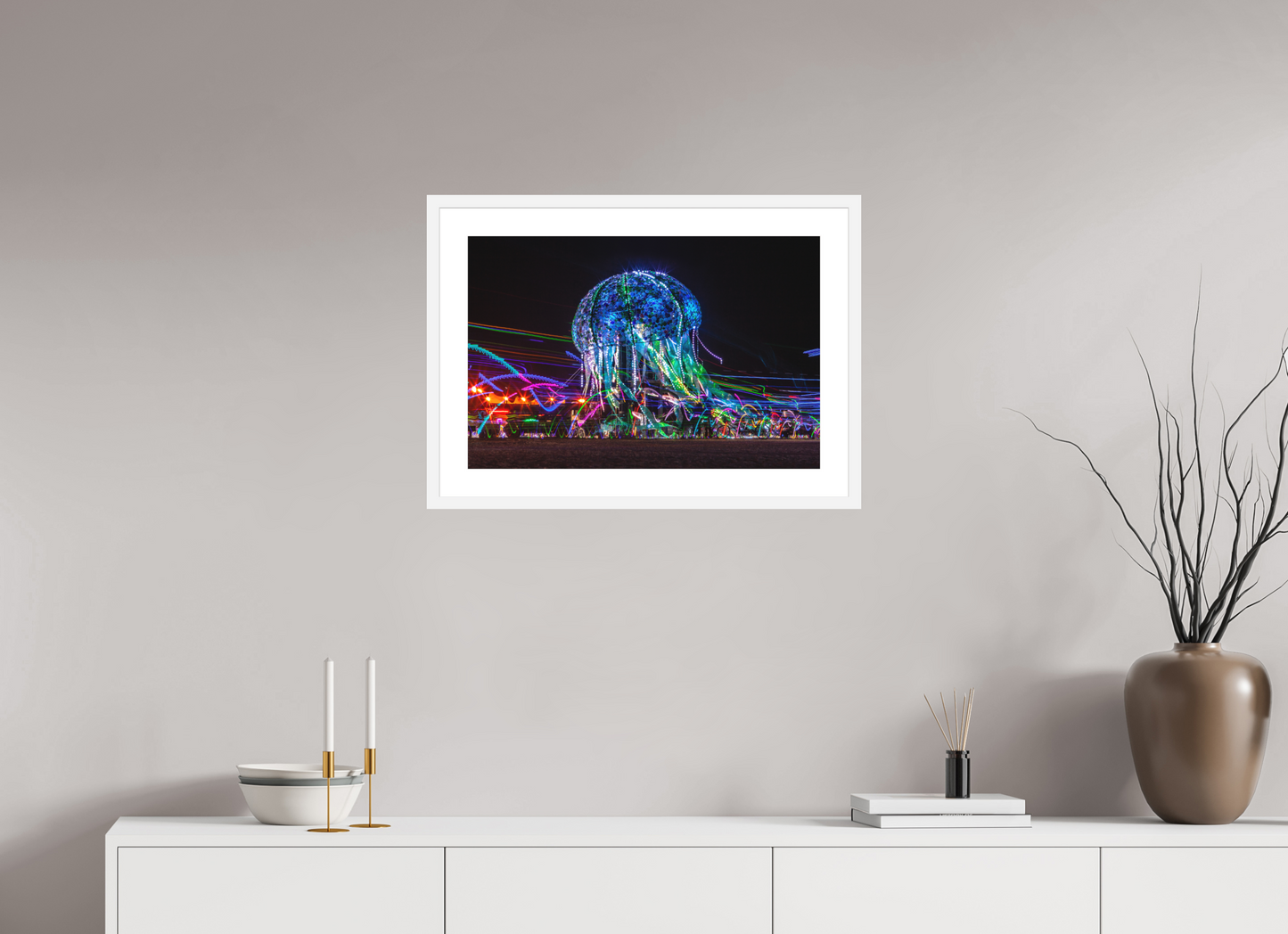 24 x 16″, Solid 0.8" White Wood Frame With 2" Natural White Passe-Partout with Museum Glass Burning Man - Glass Jellyfish