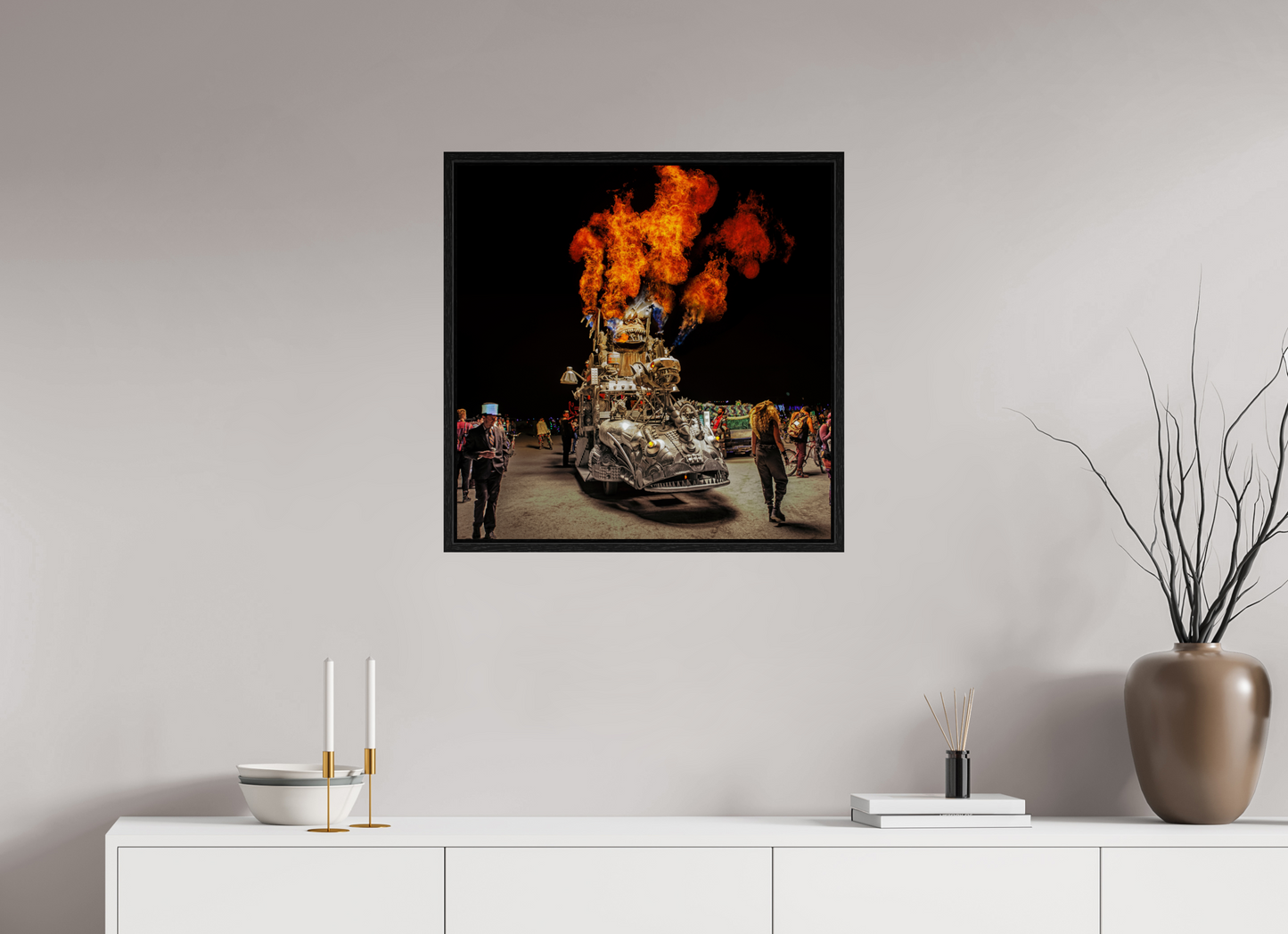 25 x 25″, Floater Frame Burning Man - Art Car with Flames