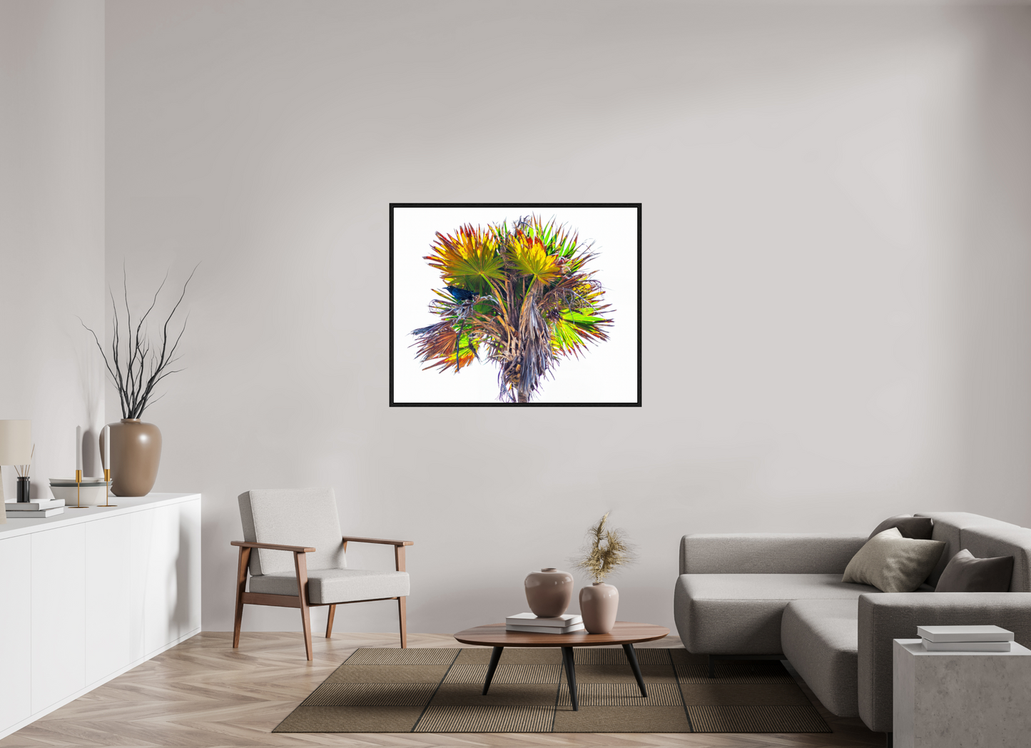 48.7 x 39″, Floater Frame Black Bird in Palm Tree
