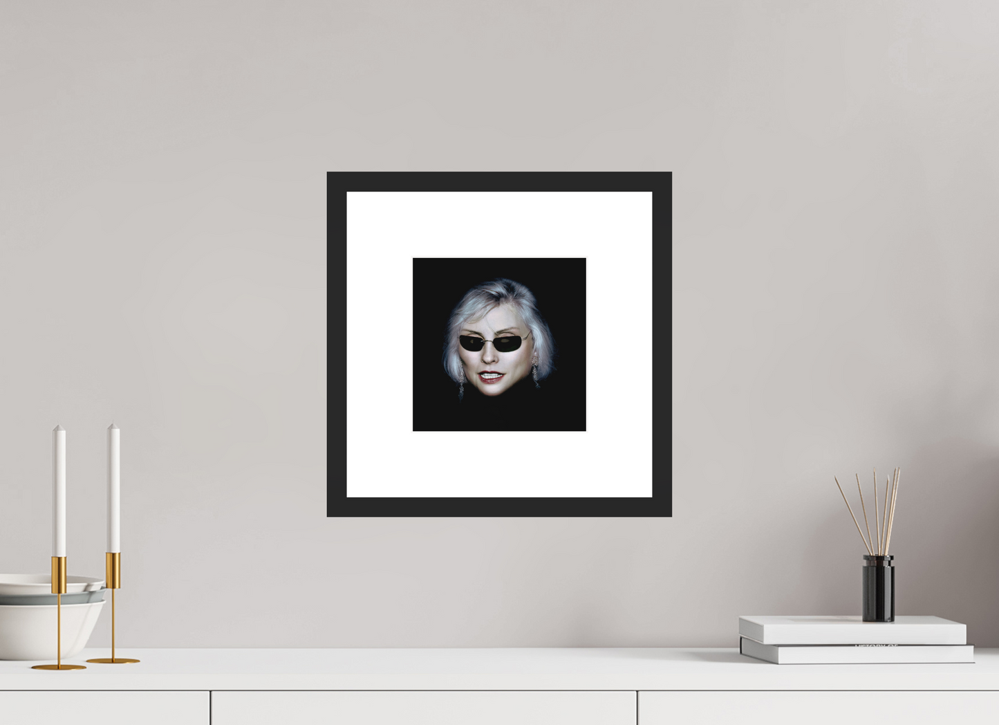 8 x 8″, Solid 0.8" Black Wood Frame With 3" Natural White Passe-Partout with Museum Glass Debbie Harry Wearing Glasses