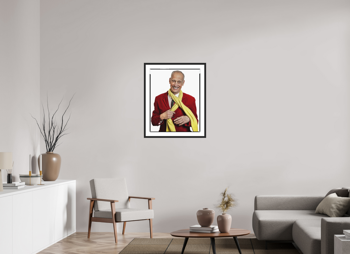 24 x 30″, Solid 0.8" Black Wood Frame With 2" Natural White Passe-Partout with Museum Glass Director John Waters in Red Jacket