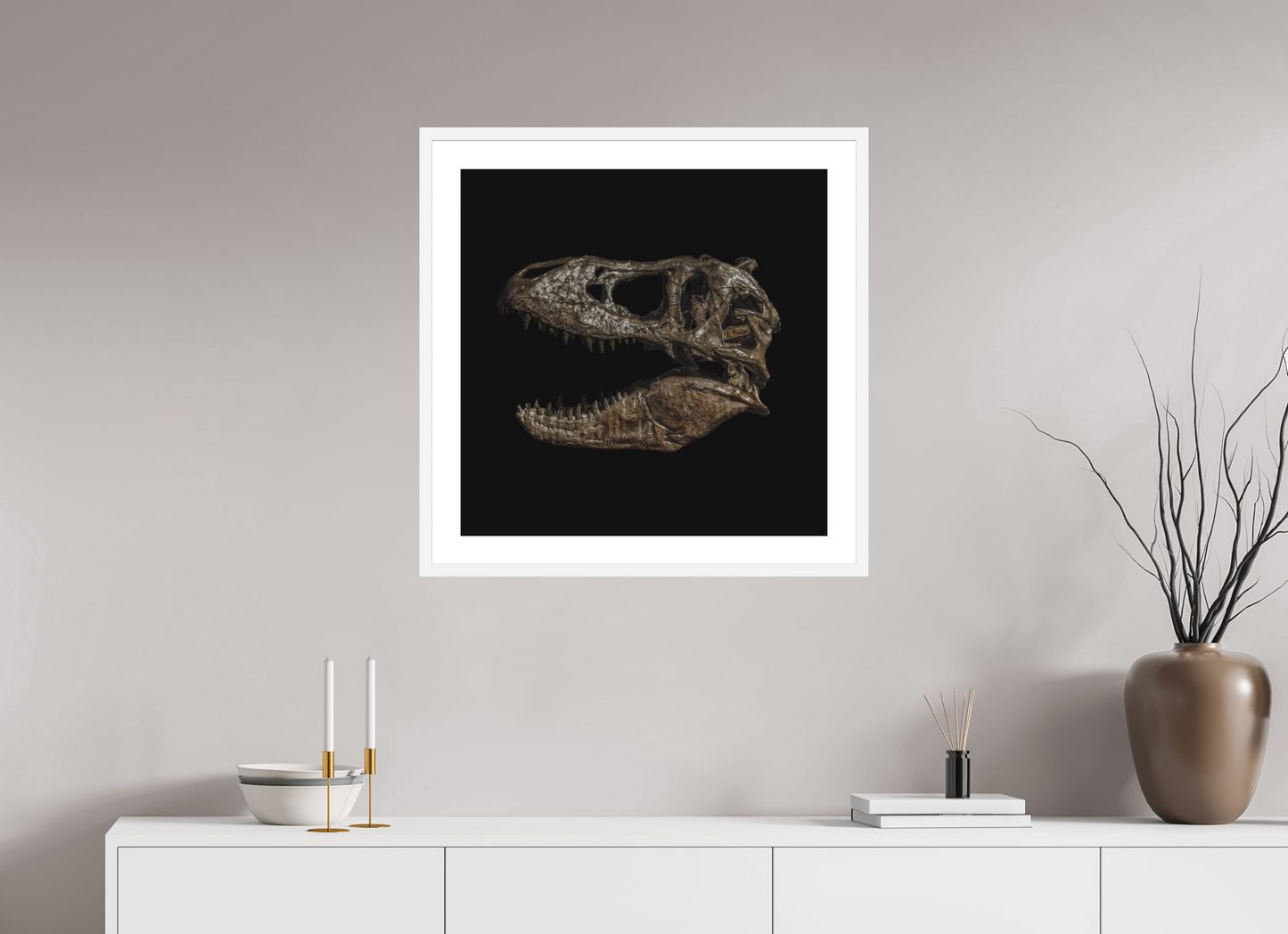 25 x 25″, Solid 0.8" White Wood Frame With 2" Natural White Passe-Partout with Museum Glass T-Rex Skull