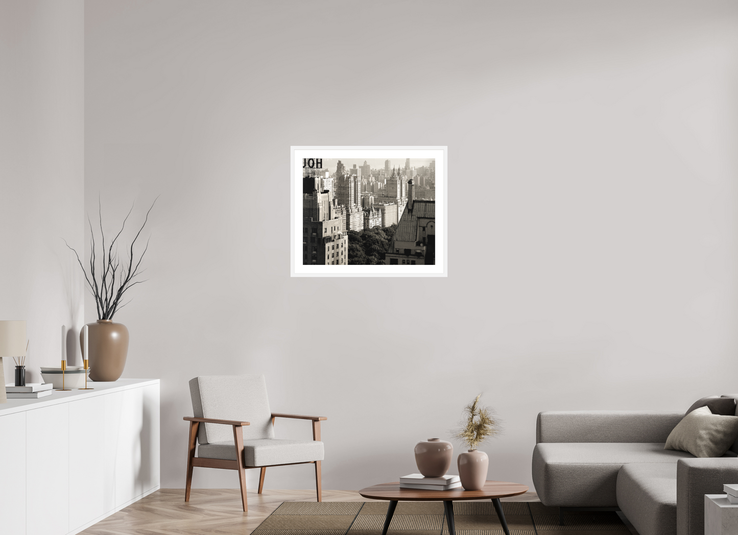 29.7 x 24″, Solid 0.8" White Wood Frame With 2" Natural White Passe-Partout with Museum Glass The Dakota