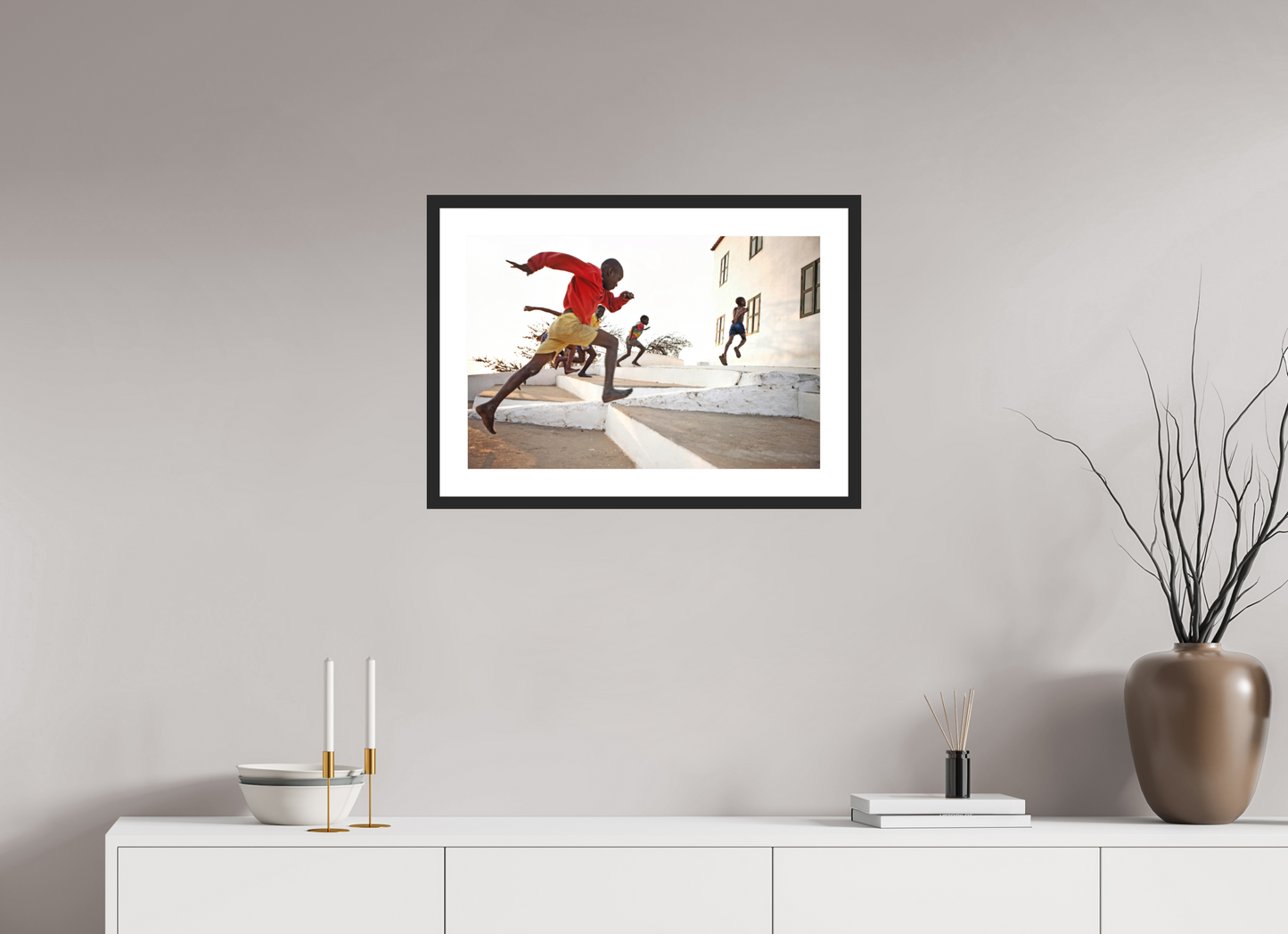 24 x 16″, Solid 0.8" Black Wood Frame With 2" Natural White Passe-Partout with Museum Glass Boys Running, Angola