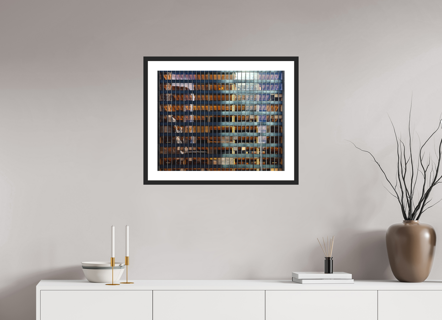 25.2 x 20″, Solid 0.8" Black Wood Frame With 2" Natural White Passe-Partout with Museum Glass Seagram Building