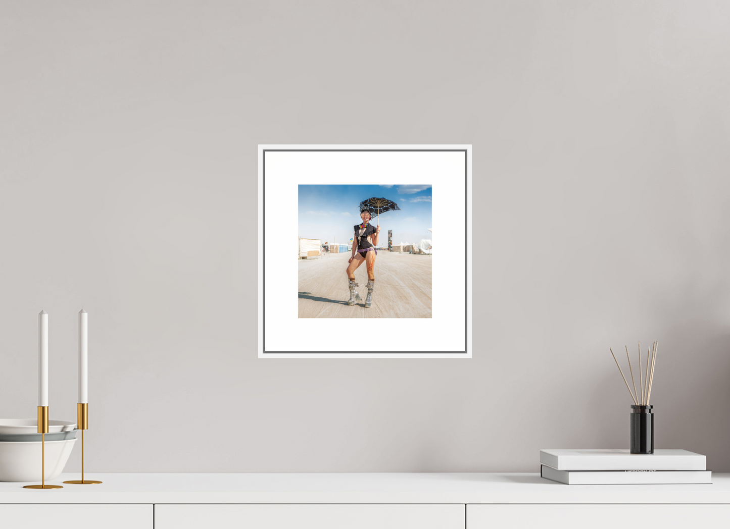 8 x 8″, White Matte Frame Burning Man - Attendee with Parasol