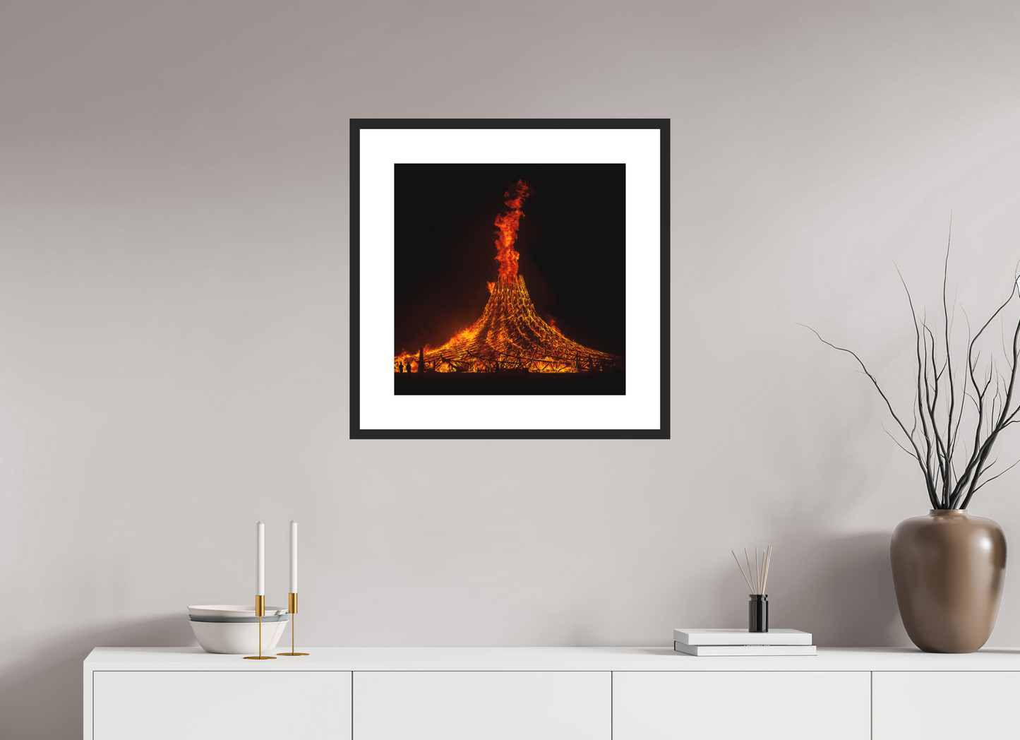 20 x 20″, Solid 0.8" Black Wood Frame With 3" Natural White Passe-Partout with Museum Glass Burning Man - Temple Burn 1