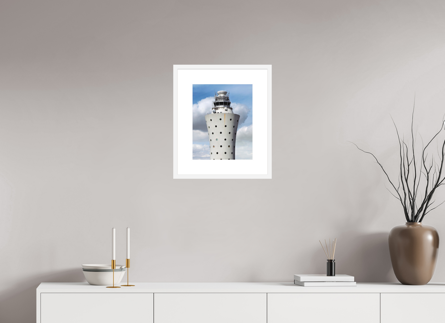 12 x 15″, Solid 0.8" White Wood Frame With 3" Natural White Passe-Partout with Museum Glass Air Traffic Tower