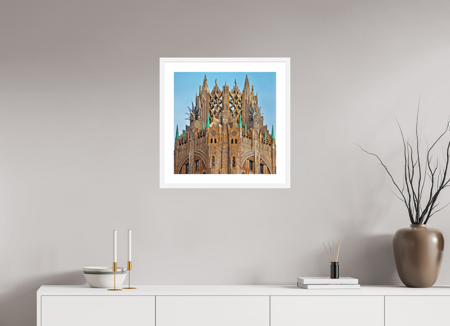 20 x 20″, Solid 0.8" White Wood Frame With 2" Natural White Passe-Partout with Museum Glass Crown of General Electric Building