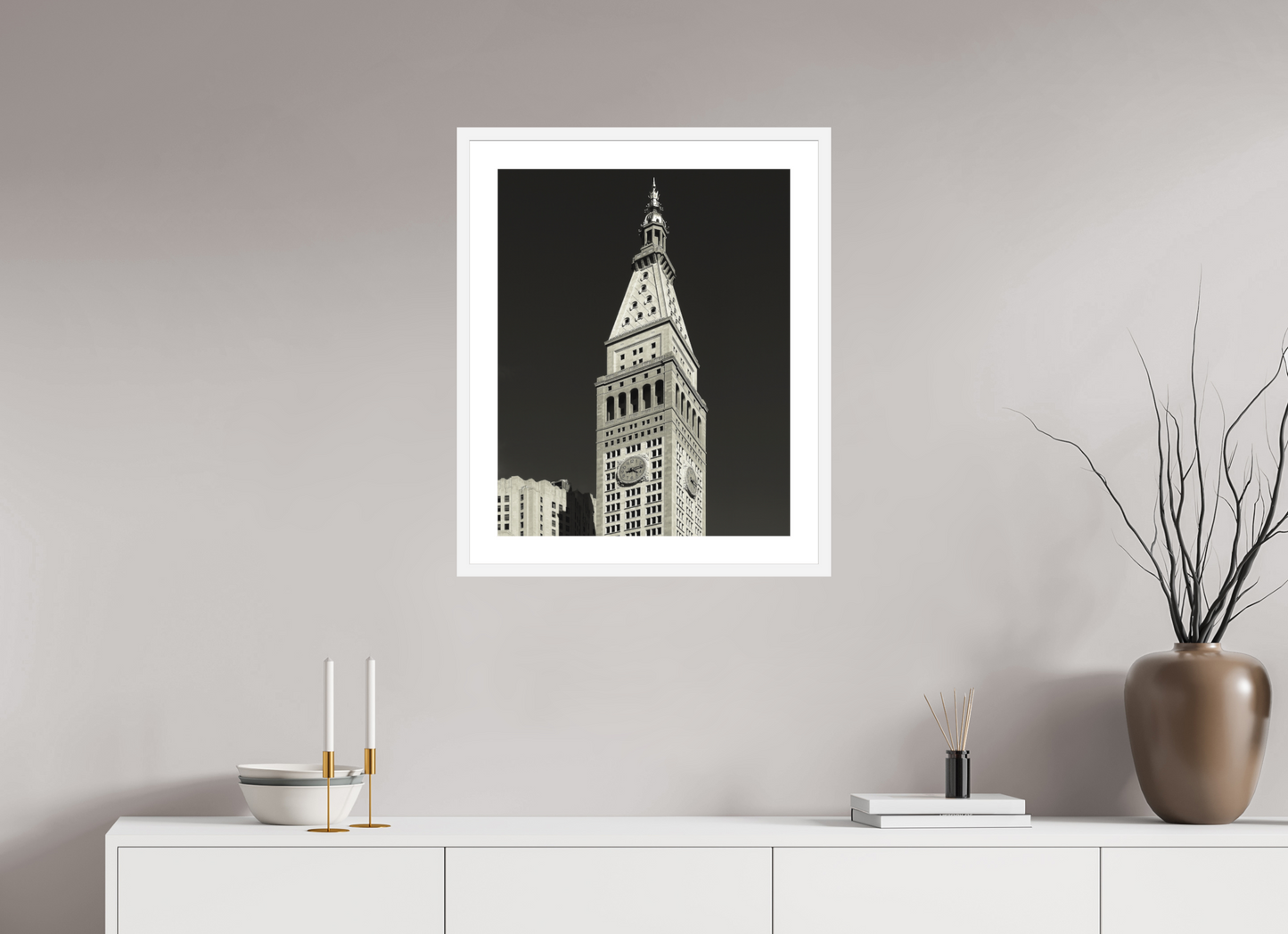 20 x 25″, Solid 0.8" White Wood Frame With 2" Natural White Passe-Partout with Museum Glass Metropolitan Life Insurance Company Tower