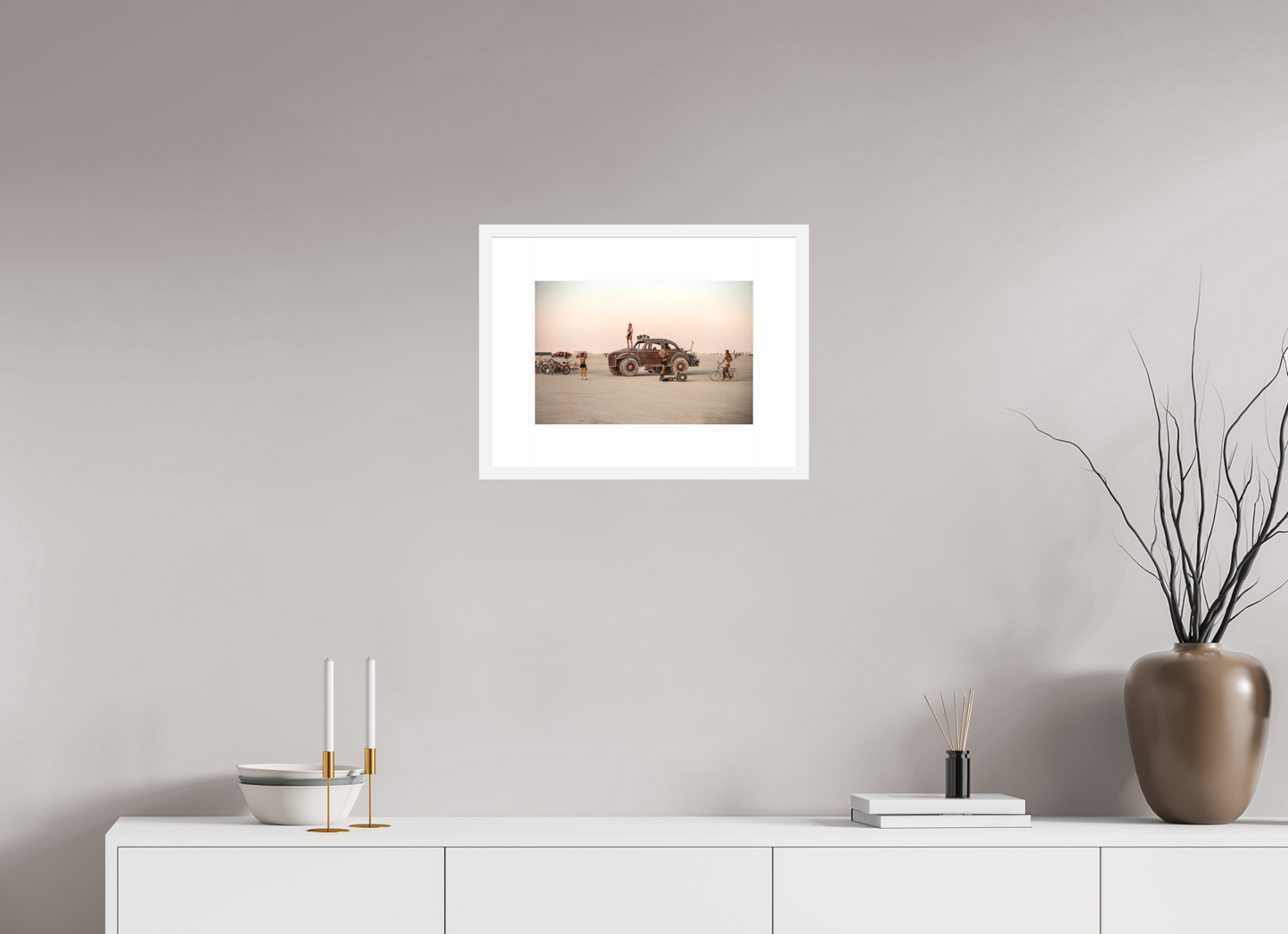 15 x 10″, Solid 0.8" White Wood Frame With 3" Natural White Passe-Partout with Museum Glass Burning Man - Art Car Large VW - Full Frame