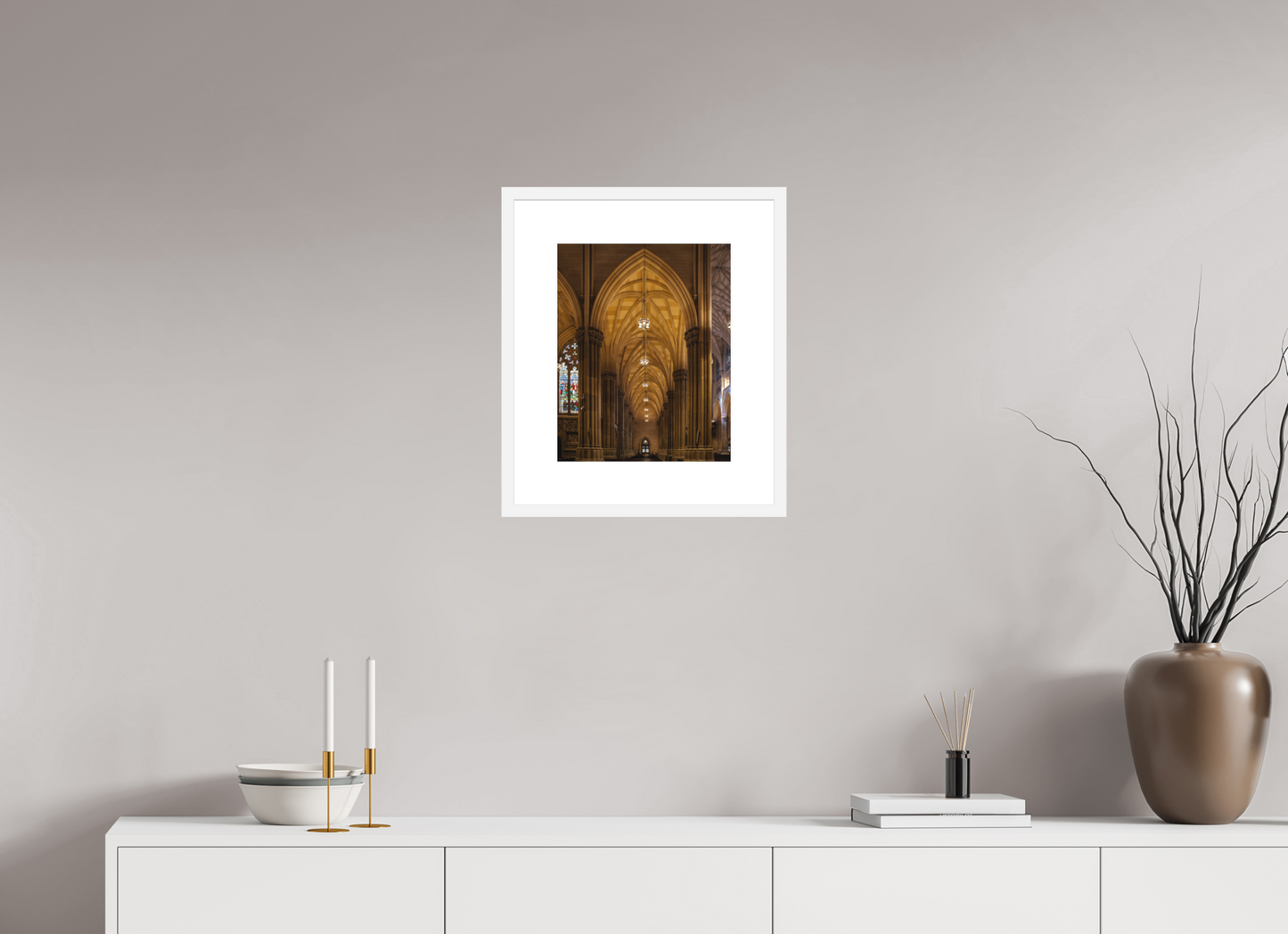 12 x 15″, Solid 0.8" White Wood Frame With 3" Natural White Passe-Partout with Museum Glass Gothic Archway, St. Patrick's Cathedral