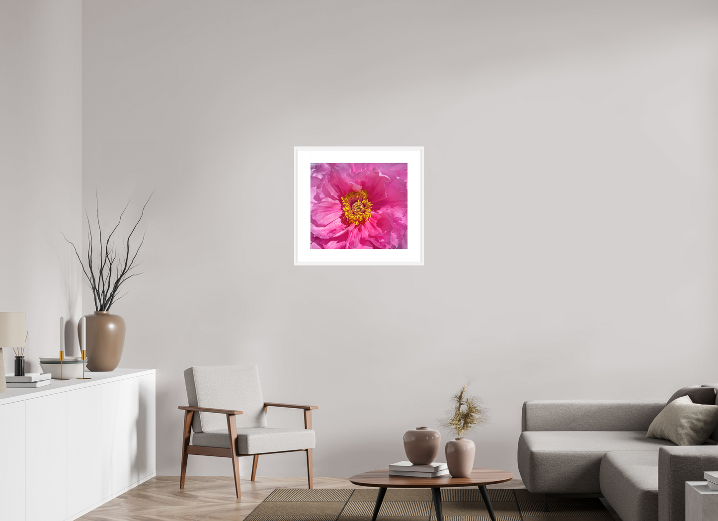 22.5 x 20″, Solid 0.8" White Wood Frame With 3" Natural White Passe-Partout with Museum Glass Pink Flower