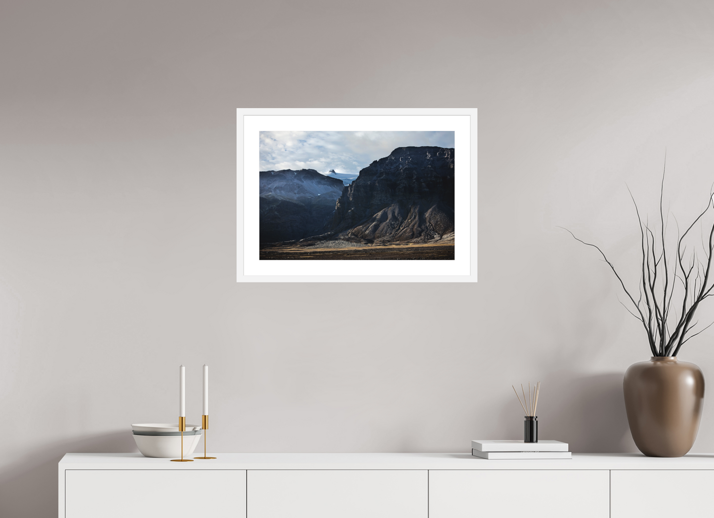 24 x 16″, Solid 0.8" White Wood Frame With 2" Natural White Passe-Partout with Museum Glass Iceland Black Mountains