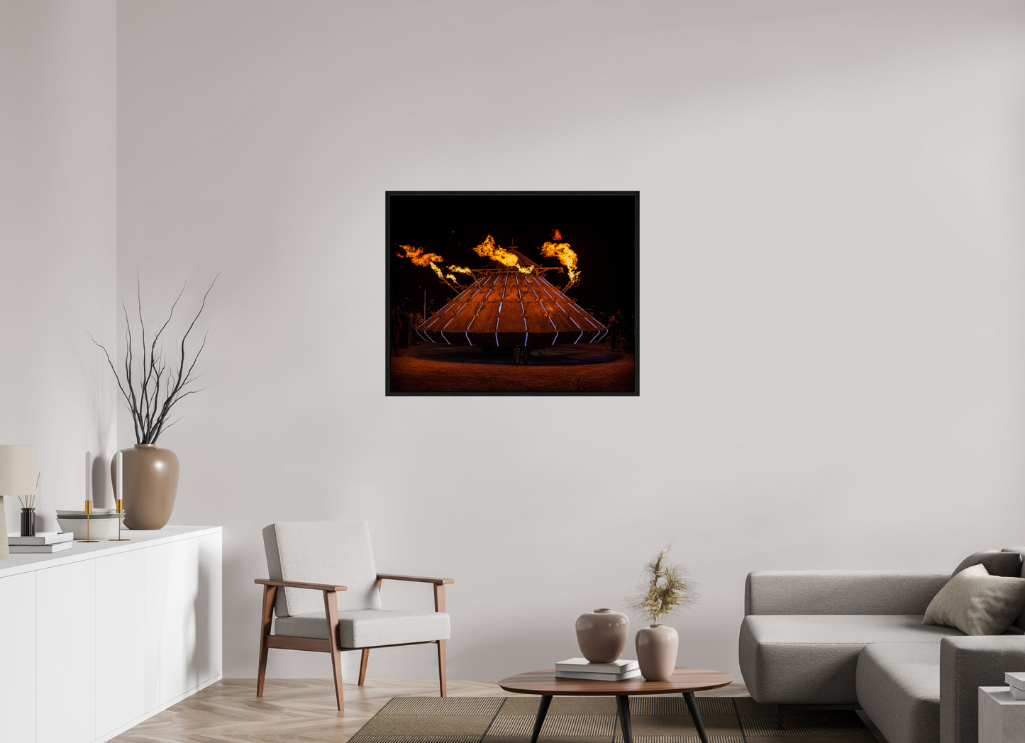 38.7 x 31″, Floater Frame Burning Man - Da Vinci Tank with Flames