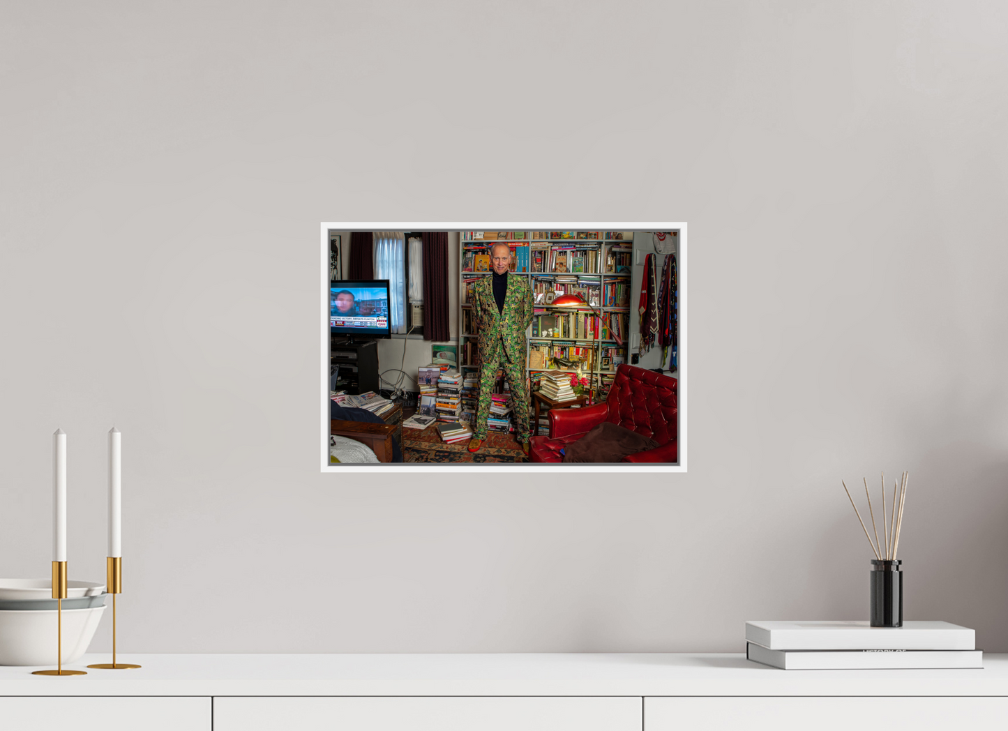 15 x 10″, White Matte Frame, No Border Director John Waters in his Bedroom with TV